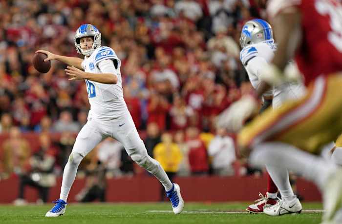 Jared Goff passes against the 49ers